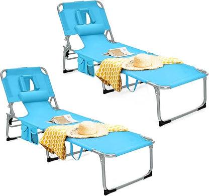 Tangkula Tanning Chair with Face Hole, Patio Folding Adjustable Reclining Beach Sunbathing Lounge Chair with Side Pocket, Portable Face Down Chaise Lounge for Outdoor Backyard Poolside (2)