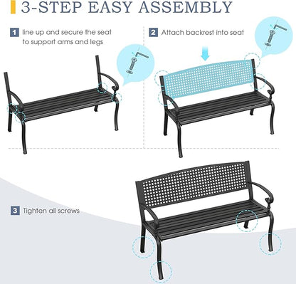 VICLLAX Outdoor Garden Bench, 50” Long Metal Patio Bench with Backrest and Armrests, Modern Slatted Black Park Bench for Front Porch, Lawn, Yard, Garden, Square Pattern Back