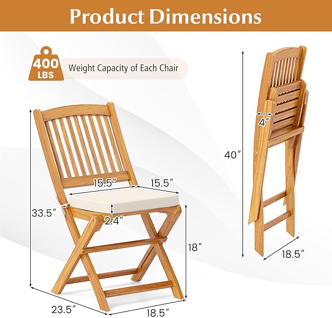 Tangkula 4 Pieces Folding Outdoor Dining Chairs, Acacia Wood Patio Chairs with Soft Cushions, Slatted Backrests and Seats, Outdoor Chairs for Porch, Balcony, Deck and Yard (4, Beige, One-Size)