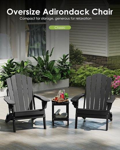 GREENVINES Oversized-Folding-Adirondack-Chairs-Set-of-4 | HDPE Plastic | Cup Holder | Fire Pit Chair | All Weather | for Outdoor Deck Backyard | Black