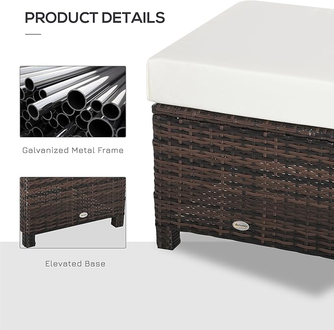 Outsunny 20" Patio Wicker Ottoman, Multipurpose Outdoor PE Rattan Footrest, Additional Seating, Side Table with Soft Cushion, Brown, White