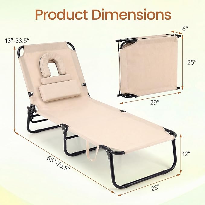 Giantex Folding Beach Tanning Chair - Adjustable Patio Lounge Chair w/Face Hole, Removable Pillows, Carry Strap, Layout Chair, Sunbathing Chaise Lounge Outdoor for Poolside Yard Lawn (2, Beige)