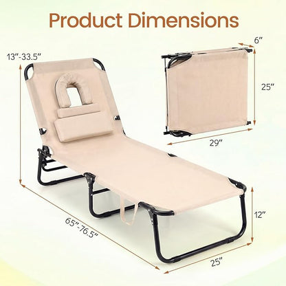 Giantex Folding Beach Tanning Chair - Adjustable Patio Lounge Chair w/Face Hole, Removable Pillows, Carry Strap, Layout Chair, Sunbathing Chaise Lounge Outdoor for Poolside Yard Lawn (2, Beige)