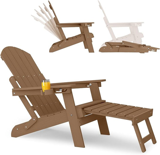 YEFU Adjustable Adirondack Chair with Footrest, 5-Level Adjustable Adirondack Chair with Retractable Ottoman & Cup Holder, Folding Adirondacks Chairs Use for Outdoor, Pool, Patio, Fire Pit