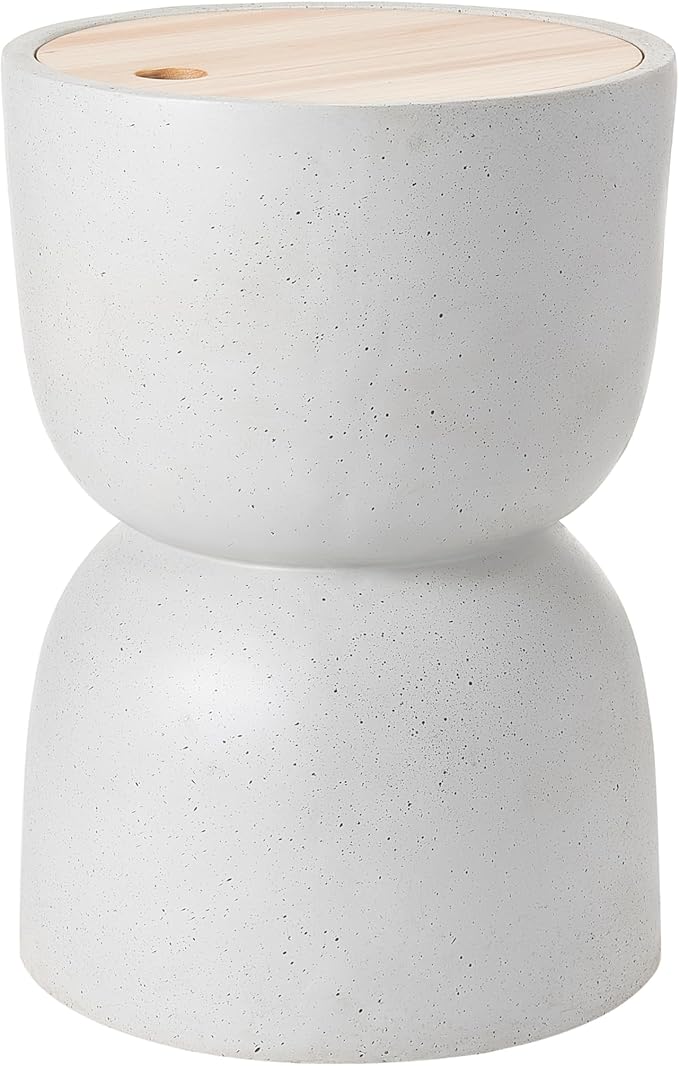 Christopher Knight Home Ema 22"H Lightweight Concrete Outdoor Side Table with Storage, Hourglass Shaped Patio End Table, MGO Outdoor Coffee Table, No Assembly Garden Plant Stand Indoor, White+Natural