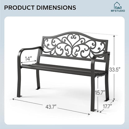 MFSTUDIO 43.7 Inches Outdoor Garden Bench, Cast Iron Metal Frame Patio Park Outside Benches with Floral Pattern Backrest for Front Porch, Black, Camelback
