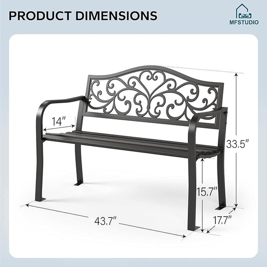 MFSTUDIO 43.7 Inches Outdoor Garden Bench, Cast Iron Metal Frame Patio Park Outside Benches with Floral Pattern Backrest for Front Porch, Black, Camelback