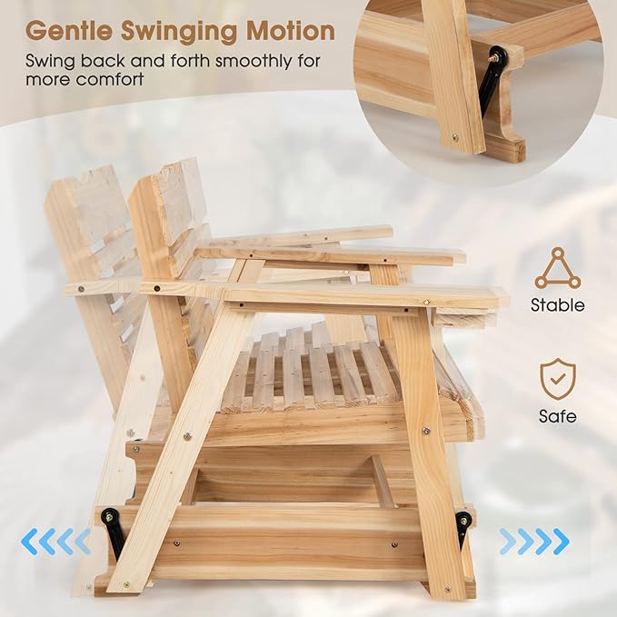 Outdoor Rocking Chair, Patio Glider Chair with Ergonomic Curved Seat & Wide Armrest, Indoor Fir Wood Rocker with Hidden Cup Holder for Patio Balcony Backyard Porch Poolside, Natural