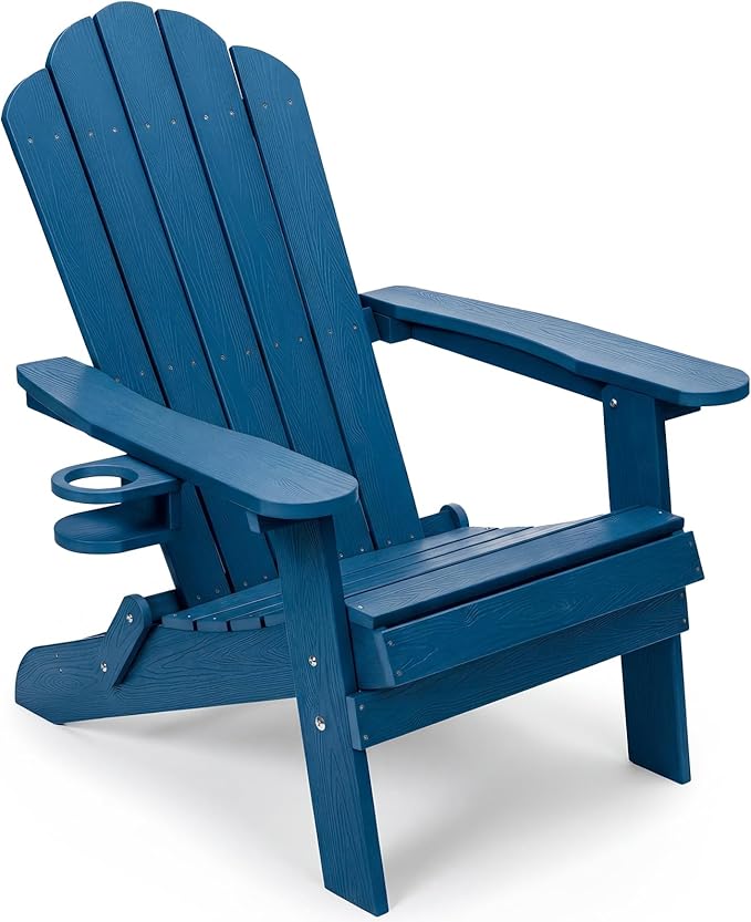 JEKO&JEKO Folding Adirondack Chair, All-Weather Outdoor Chair with Cup Holder, Plastic Adirondack Chair for Patio, Garden, Lawn, Porch, Deck, Backyard – Navy Blue