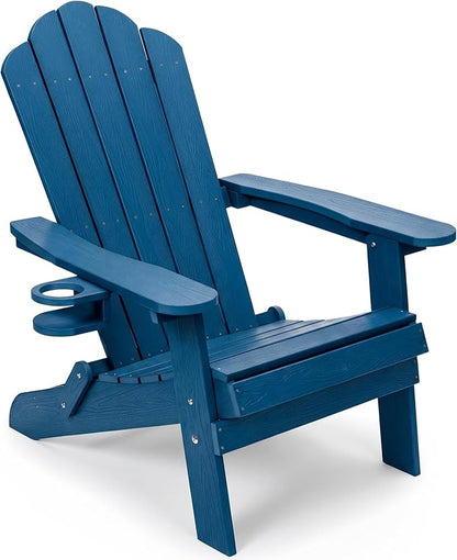 JEKO&JEKO Folding Adirondack Chair, All-Weather Outdoor Chair with Cup Holder, Plastic Adirondack Chair for Patio, Garden, Lawn, Porch, Deck, Backyard – Navy Blue