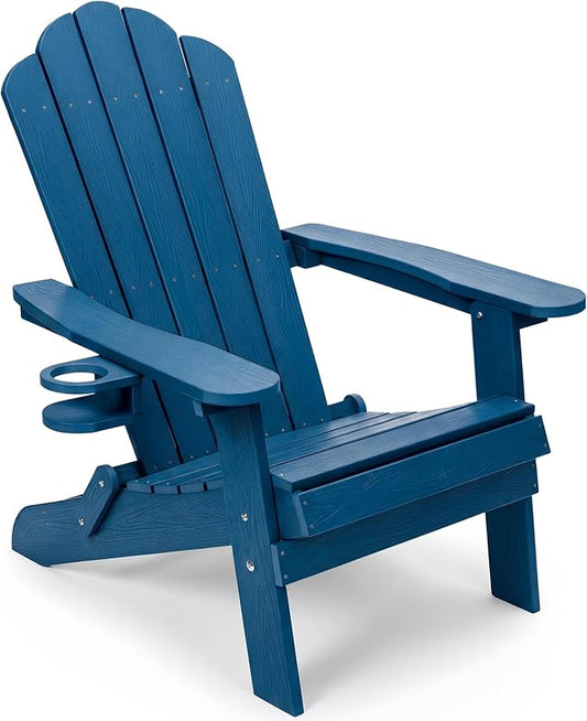 JEKO&JEKO Folding Adirondack Chair, All-Weather Outdoor Chair with Cup Holder, Plastic Adirondack Chair for Patio, Garden, Lawn, Porch, Deck, Backyard – Navy Blue