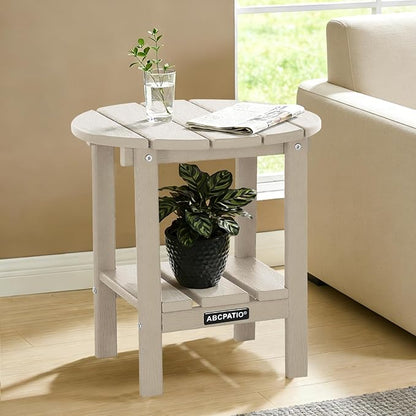 Outdoor Side Table Round - Patio Side Tables - HDPE Small Outdoor End Table for Backyard Pool Porch Balcony - Double Layer Storage - Sand (Wood Grain Finish)
