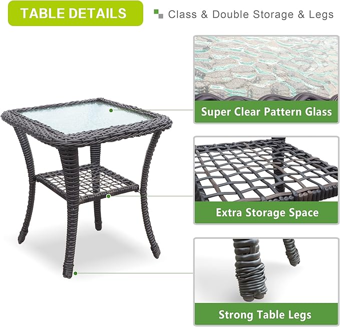 ATR ART TO REAL Outdoor Side Table, Indoor Outdoor Tempered Glass Top Wicker Coffee Bistro Table, All-Weather Patio Square Storage End Table, Steel Frame, 20''x 20''x20''