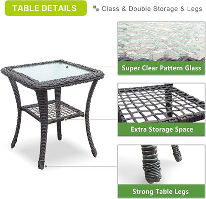 ATR ART TO REAL Outdoor Side Table, Indoor Outdoor Tempered Glass Top Wicker Coffee Bistro Table, All-Weather Patio Square Storage End Table, Steel Frame, 20''x 20''x20''