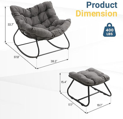 Wisteria Lane Patio Rocking Chair with Ottoman, Outdoor Indoor Rocking Egg Chair with Cushions, Metal Lounge Chair Oversized Papasan Chair, Outdoor Wicker Reading Chair for Porch Garden, Dark Grey