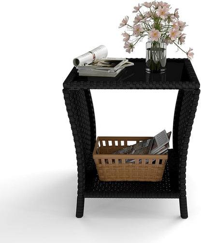 kinbor Small Outdoor Table - Set of 2 Tempered Glass Top Small Outdoor Wicker Side Table with Storage Shelf for Patio, Balcony & Porch, Durable PE Rattan & Iron Frame