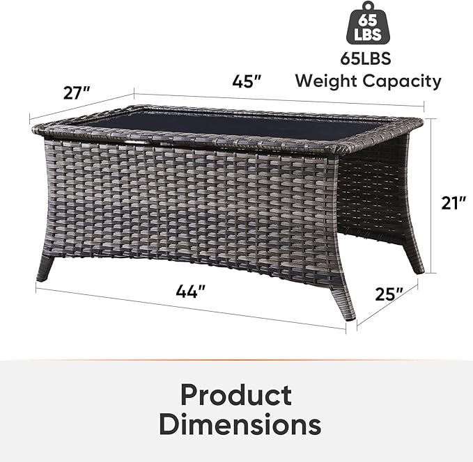 Outdoor Coffee Table - Patio Rattan Wicker Coffee Table with Tempered Glass Top Outdoor Table for Deck Porch Balcony - Photo 2