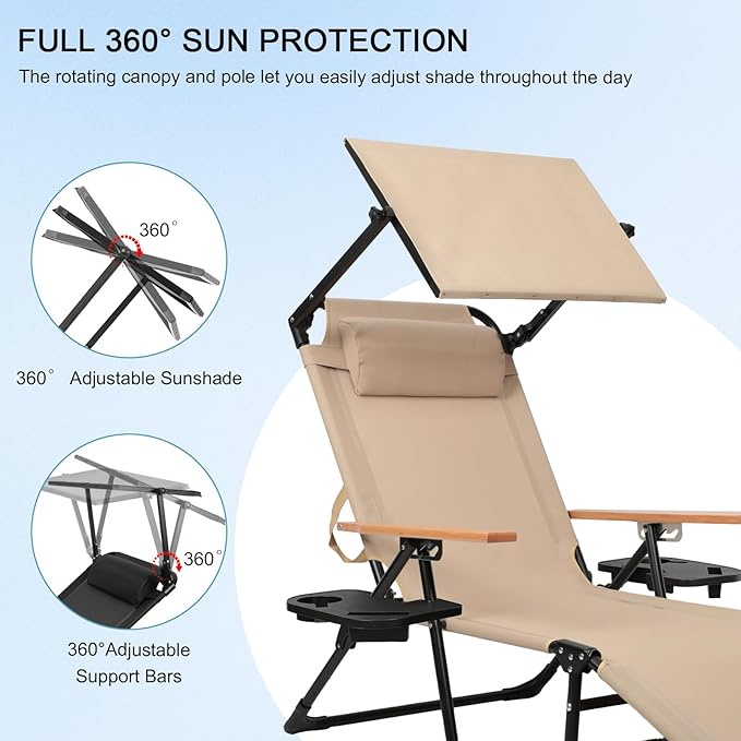 Folding Lounge Chairs for Outside, Beach Patio Lounge Chair with Canopy, Sunbathing/Tanning Chair with 4 Adjustable Backrest & Cup & Pillow,Holds 330 Lb, Outdoor Garden Pool