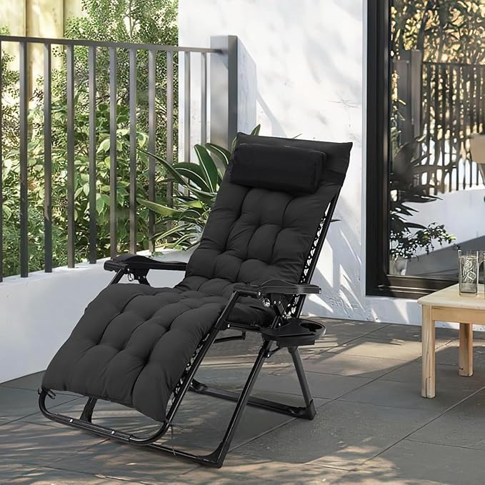 Zero Lounge Chair Supports 440 Lbs, Indoor/Outdoor Adjustable Folding Recliner with 29 Inch Seat, Removable Cup Holder & Headrest Black
