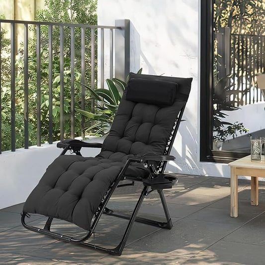 Zero Lounge Chair Supports 440 Lbs, Indoor/Outdoor Adjustable Folding Recliner with 29 Inch Seat, Removable Cup Holder & Headrest Black