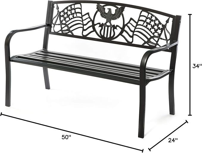 Steel Outdoor Patio Garden Park Seating Bench with Cast Iron Patriotic American Flag and Eagle Backrest, Front Porch Yard Bench Lawn Decor