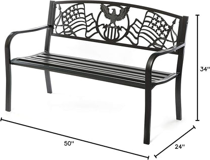 Steel Outdoor Patio Garden Park Seating Bench with Cast Iron Patriotic American Flag and Eagle Backrest, Front Porch Yard Bench Lawn Decor