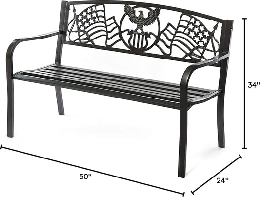 Steel Outdoor Patio Garden Park Seating Bench with Cast Iron Patriotic American Flag and Eagle Backrest, Front Porch Yard Bench Lawn Decor