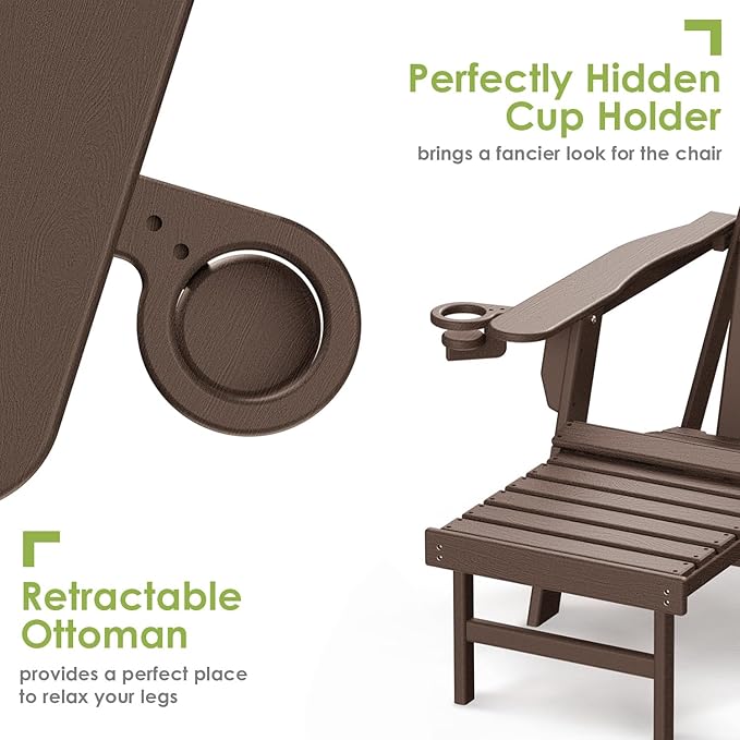 GREENVINES Adirondack-Chairs-with-Ottoman | Wood Grain | Dark Brown | Folding | Retractable-Footrest | HDPE Plastic | All Weather Fire Pit Chair | Cup Holders | for Outdoor Poolside