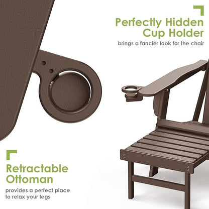 GREENVINES Adirondack-Chairs-with-Ottoman | Set of 6 | Wood Grain | Dark Brown | Folding | Retractable-Footrest | HDPE Plastic | All Weather Fire Pit Chair | Cup Holders | for Outdoor Poolside