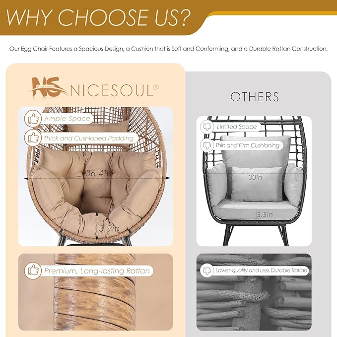 NICESOUL® 2 Person Wicker Stationary Egg Chair Indoor Outdoor - Photo 9