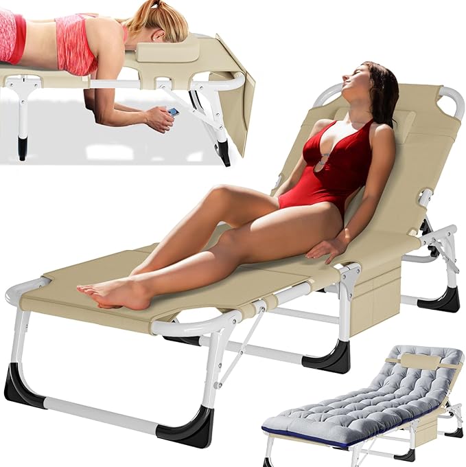 MOPHOTO Beach Lounge Chair, 5-Position Adjustable Tanning Chair with Face Hole, Heavy Duty Folding Chaise Lounge for Beach, Pool, Patio & Sunbathing