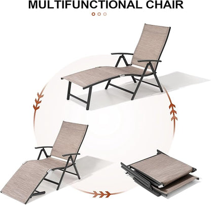 Crestlive Products 2PCS Chaise Lounge Chair Outdoor with 1PC Side Table, Aluminum Folding Patio Recliner Chair, Adjustable 8 Positions Assemble-Free