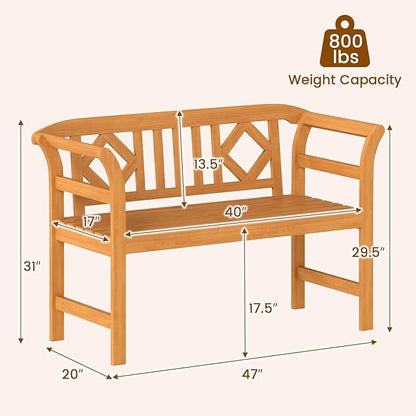 Tangkula Acacia Wood Outdoor Bench with Diamond Backrest, 2-Person Patio Wood Bench with Curved Armrests, Slatted Seat, Garden Bench Loveseat for Park, Yard, Lawn, Patio, 800 LBS Max Load