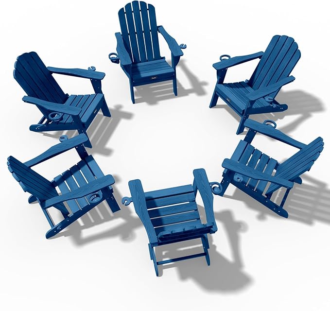 Adirondack Chairs Set of 6, Fire Pit Chairs, Wood Texture Patio Chairs with 2 Cup Holder, Outdoor Lawn Chair, NavyBlue