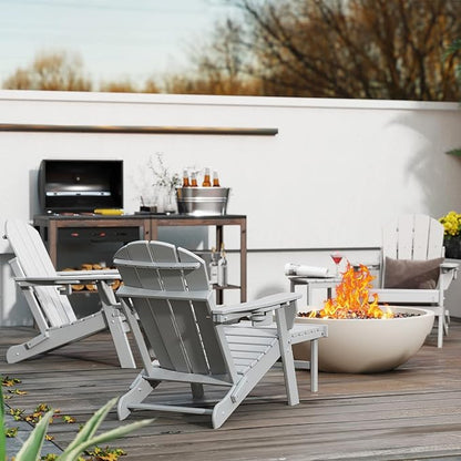 GREENVINES Adjustable Adirondack Chair with Retractable Ottoman Set of 2 | Folding | HDPE Plastic | Fire Pit Chairs w/Foot Rest | 2 Cup Holders | White | for Outdoor Patio Poolside Deck