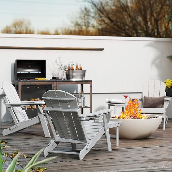GREENVINES Adjustable Adirondack Chair with Retractable Ottoman Set of 4 | Folding | HDPE Plastic | Fire Pit Chairs w/Foot Rest | 2 Cup Holders | White | for Outdoor Patio Poolside Deck