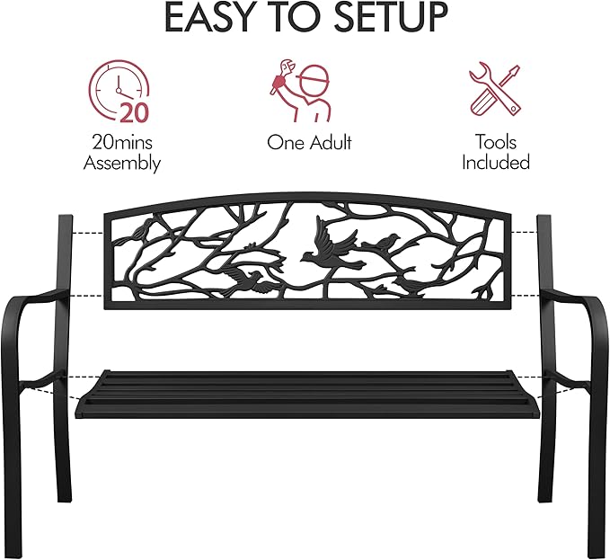 Yaheetech Outdoor Garden Bench Patio Furniture Chair Outdoor with Vintage Bird Pattern Backrest, Slatted Seat, Antique Metal Bench for Yard & Porch & Park, Black