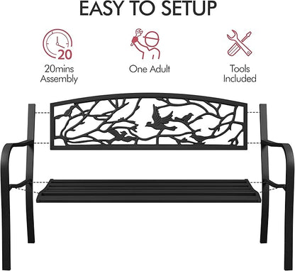Yaheetech Outdoor Garden Bench Patio Furniture Chair Outdoor with Vintage Bird Pattern Backrest, Slatted Seat, Antique Metal Bench for Yard & Porch & Park, Black