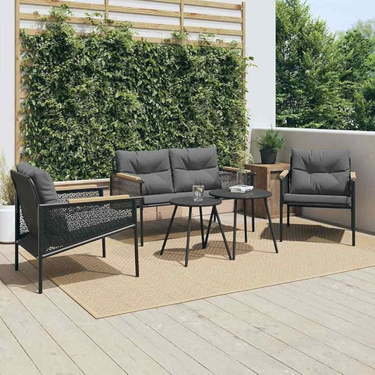 Black 5-Piece Outdoor Sectional Set, Steel Table & Chairs 29.1x45.7x28 in, Weather-Resistant Cushions, Balcony/Garden/Porch/Deck