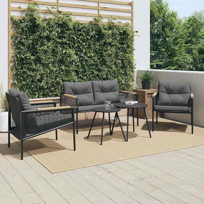 Modern 5-Piece Balcony Furniture Set Black, Powder-Coated Steel Frame with Weather-Resistant Cushions for Outdoor Patio Relaxation and Social Gatherings, Durable Space-Saving