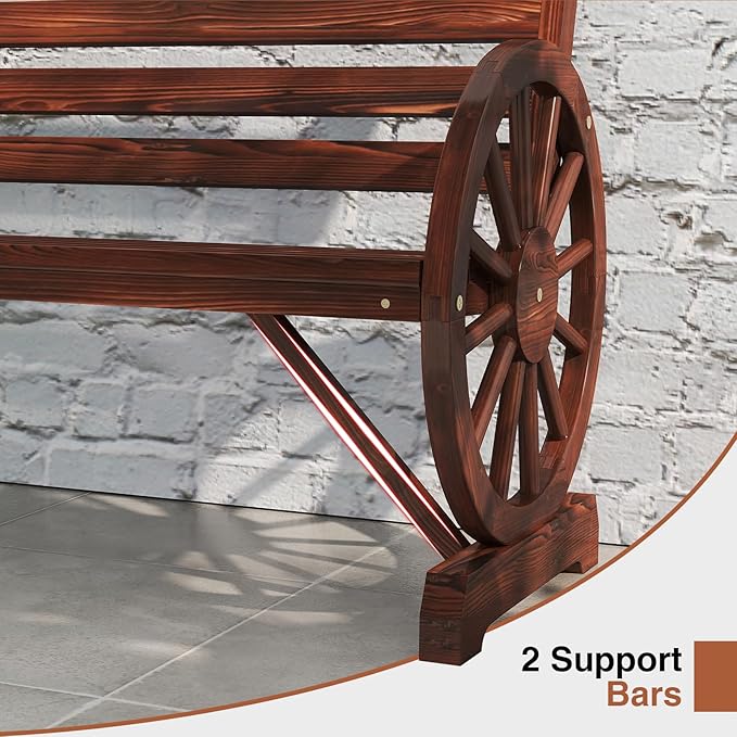 kinbor 55" Wooden Rustic Wagon Wheel Bench, Outdoor Bench Seat, Patio 2-Person Bench with Backrest