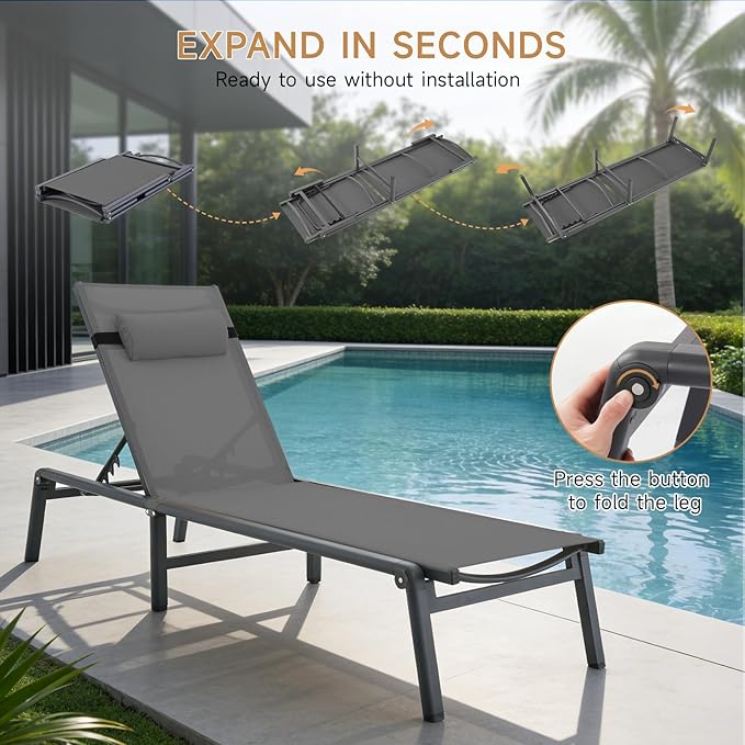 ONBRILL 2 PCS Chaise Lounge Chair Outdoor, Foldable & Assembly Free Outdoor Lounge Chair with 5 Position Adjustable Backrest, Aluminum Pool Lounge Chairs for Outside Poolside Patio Beach Lawn, Grey