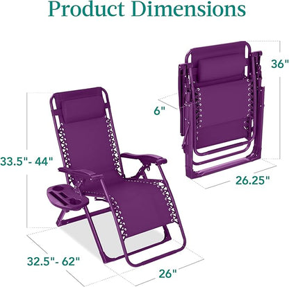 Best Choice Products Adjustable Zero Gravity Chair, Monochromatic Color Folding Patio Recliner w/Side Tray, Headrest - Amethyst