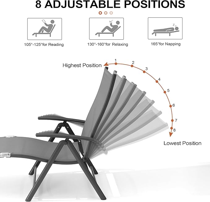 Crestlive Products 2PCS Chaise Lounge Chair Outdoor with 1PC Side Table, Aluminum Folding Patio Recliner Chair, Adjustable 8 Positions Assemble-Free