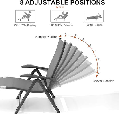 Crestlive Products Chaise Lounge Chair Outdoor Set of 2, Aluminum Folding Patio Recliner Chair, Adjustable 8 Positions Assemble-Free Perfect for Beach, Yard, Pool, Deck