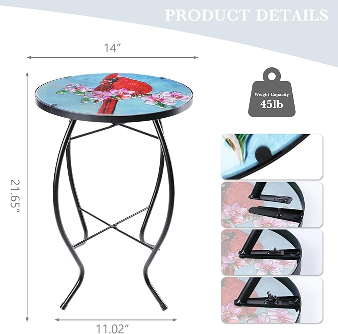 MUMTOP Side Patio Tables-Mosaic Outdoor Side Table - 14’’ Cardinal Glass Accent Round EndTable, Plant Stand Indoor Small CoffeeTable for Garden or Living Room Decor