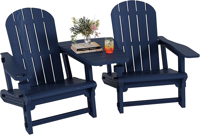 Shintenchi Adirondack Chairs Set of 2,HDPE Adirondack Chair w/Removable Tablelop & Umbrella Hole,All-Weather Wooden Textured Plastic Outdoor Chairs w/Cup Holder for Garden Backyard Pool,Dark Blue