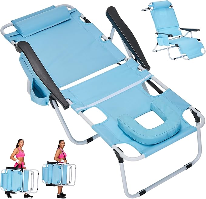 ABORON Tanning Chair with Face Hole, 5-Position Adjustable Reclining Beach Lounge Chair - Photo 1