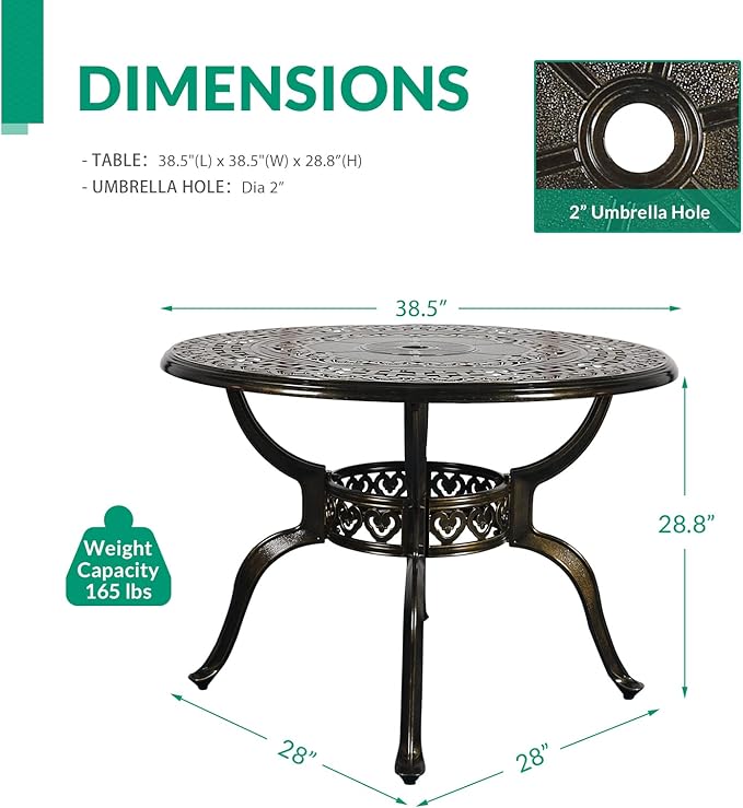 VIVIJASON 38.5" Patio Bistro Table Outdoor Dining Round Table Bronze Cast Aluminum Table with Umbrella Hole