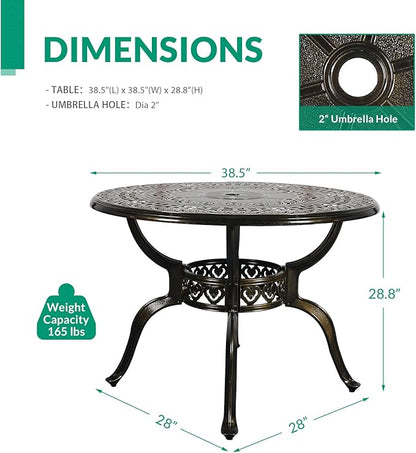 VIVIJASON 38.5" Patio Bistro Table Outdoor Dining Round Table Bronze Cast Aluminum Table with Umbrella Hole